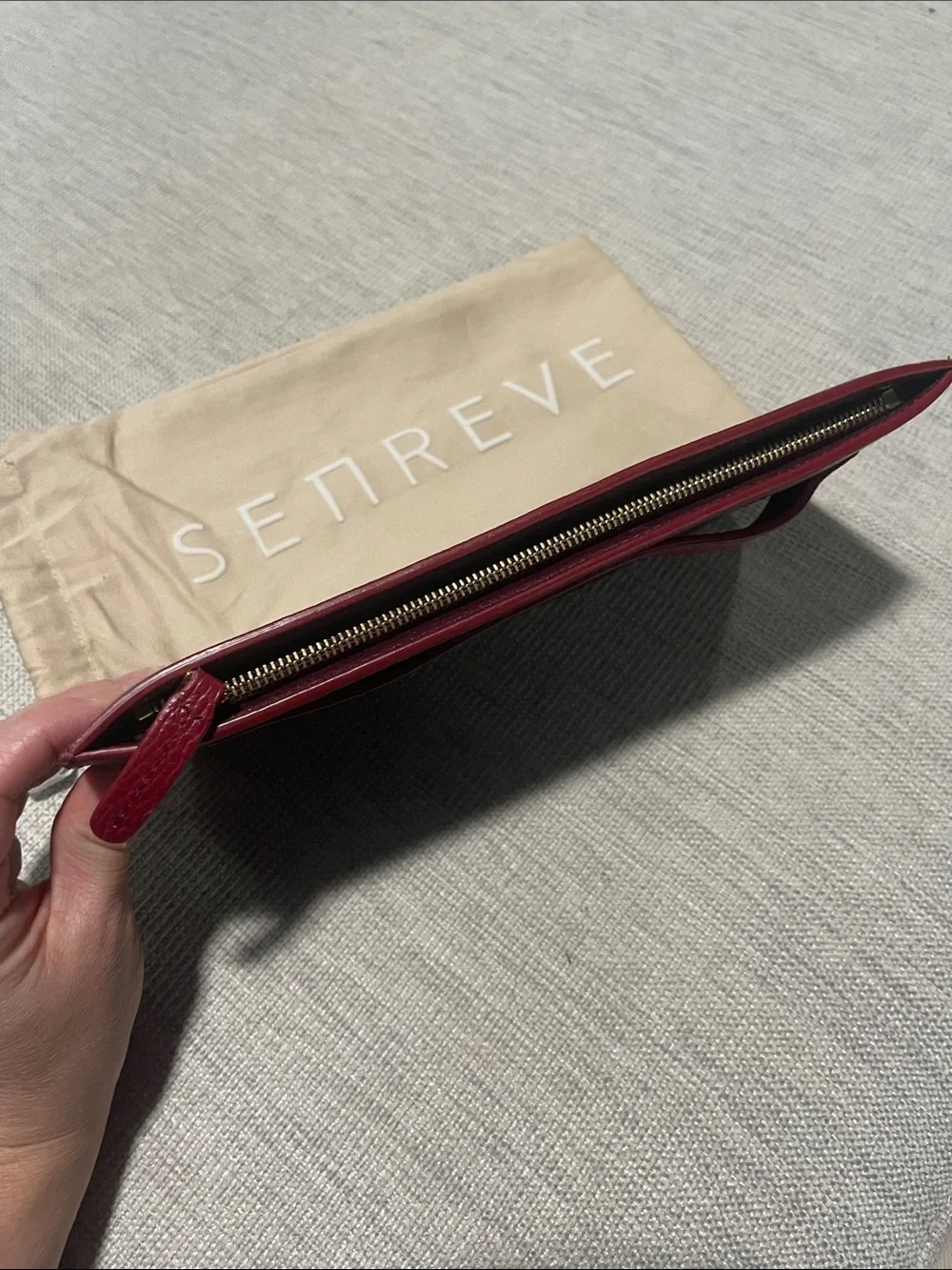Senreve Two-Tone Burgundy and Red Pebbled Leather Wrist Pouch